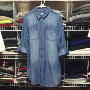 Long denim shirt.